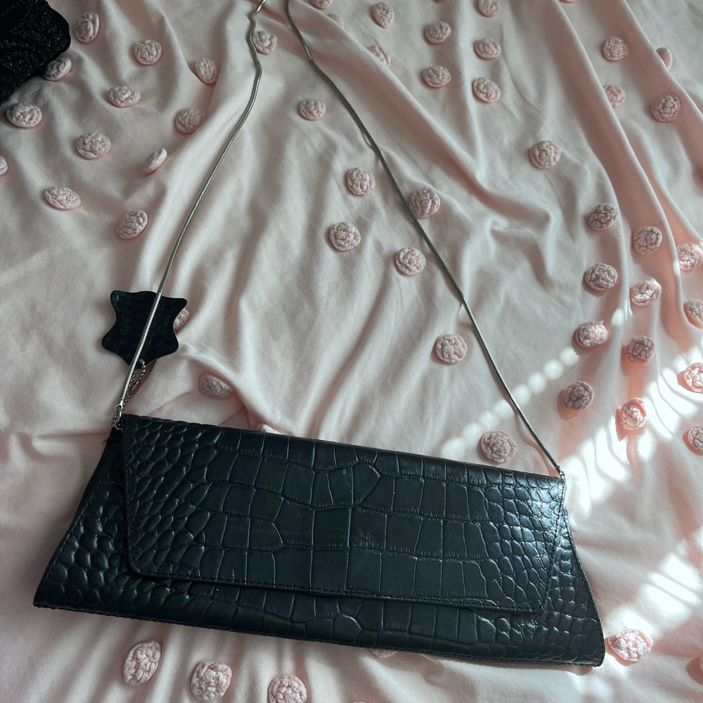 Valerie Stevens Black Crocodile-Patterned Clutch